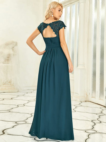 Maxi Lace Cap Sleeve Long Formal Evening Dress #color_Teal 