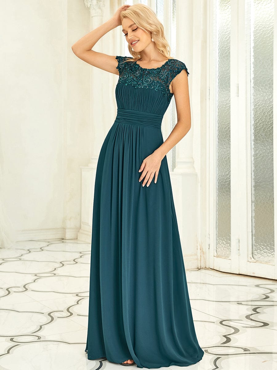 Maxi Lace Cap Sleeve Long Formal Evening Dress #color_Teal 