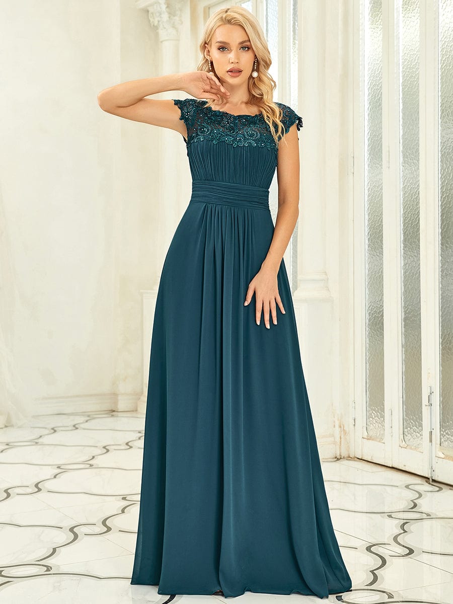 Maxi Lace Cap Sleeve Long Formal Evening Dress #color_Teal 