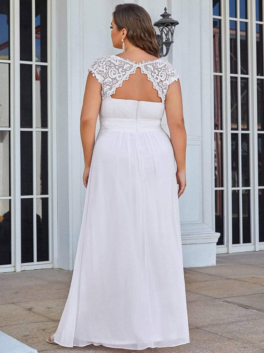 Plus Size Elegant Maxi Long Lace Cap Sleeve Bridesmaid Dress #color_White 