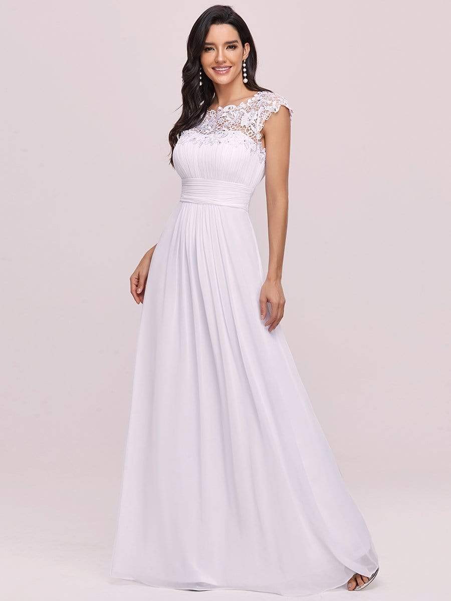 Classic Maxi Long Lace Cap Sleeve Bridesmaid Dress #color_White 