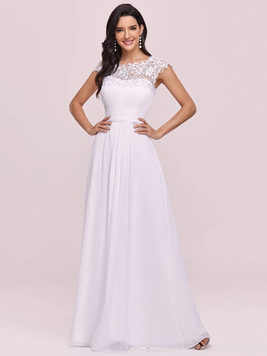 Classic Maxi Long Lace Cap Sleeve Bridesmaid Dress #color_White 