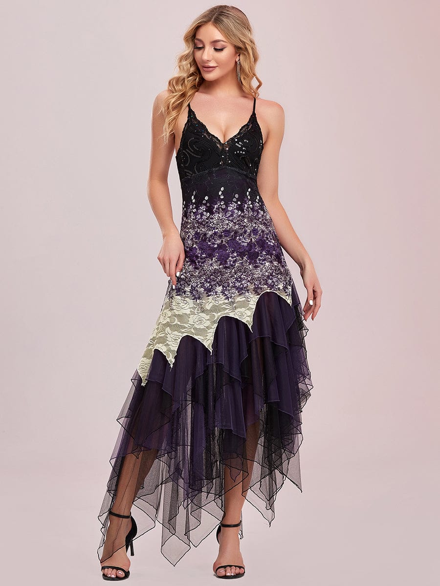 Women's V Neck Multi Color Asymmetrical Hems Prom Dress #color_Dark Purple