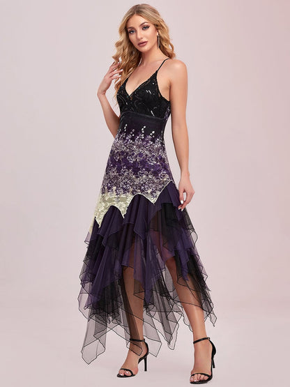 Women's V Neck Multi Color Asymmetrical Hems Prom Dress #color_Dark Purple