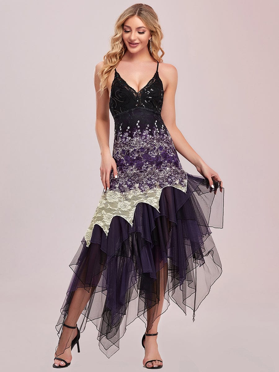 Women's V Neck Multi Color Asymmetrical Hems Prom Dress #color_Dark Purple