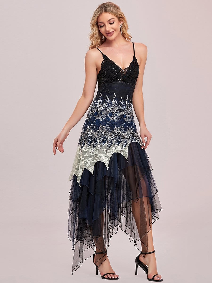 Women's V Neck Multi Color Asymmetrical Hems Prom Dress #color_Navy Blue 