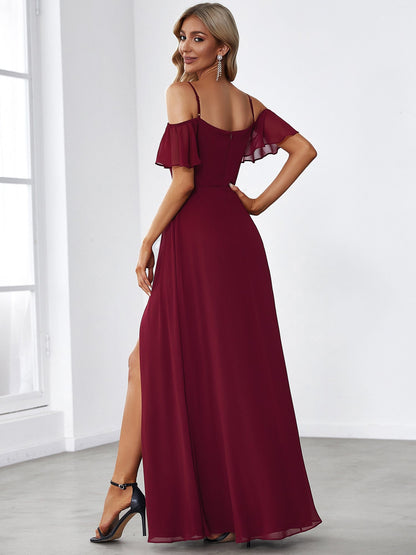 Chiffon Off-The-Shoulder Side Slit Bridesmaid Dress with sleeves #color_Burgundy 