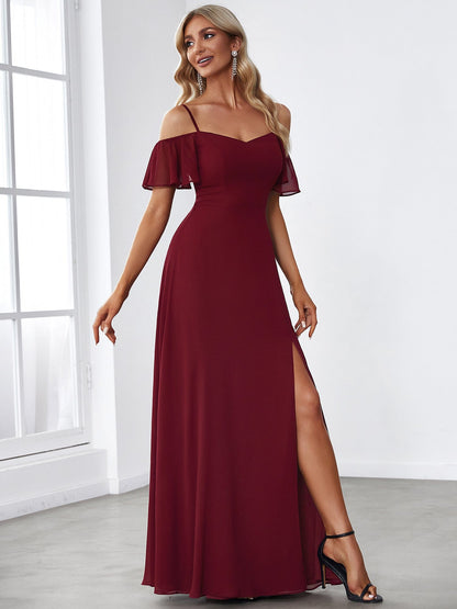 Chiffon Off-The-Shoulder Side Slit Bridesmaid Dress with sleeves #color_Burgundy 