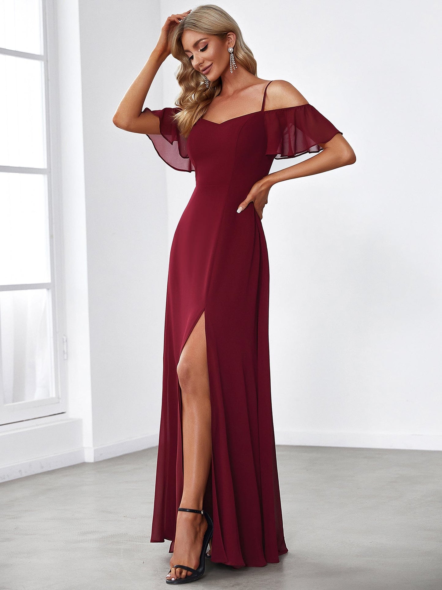 Chiffon Off-The-Shoulder Side Slit Bridesmaid Dress with sleeves #color_Burgundy 