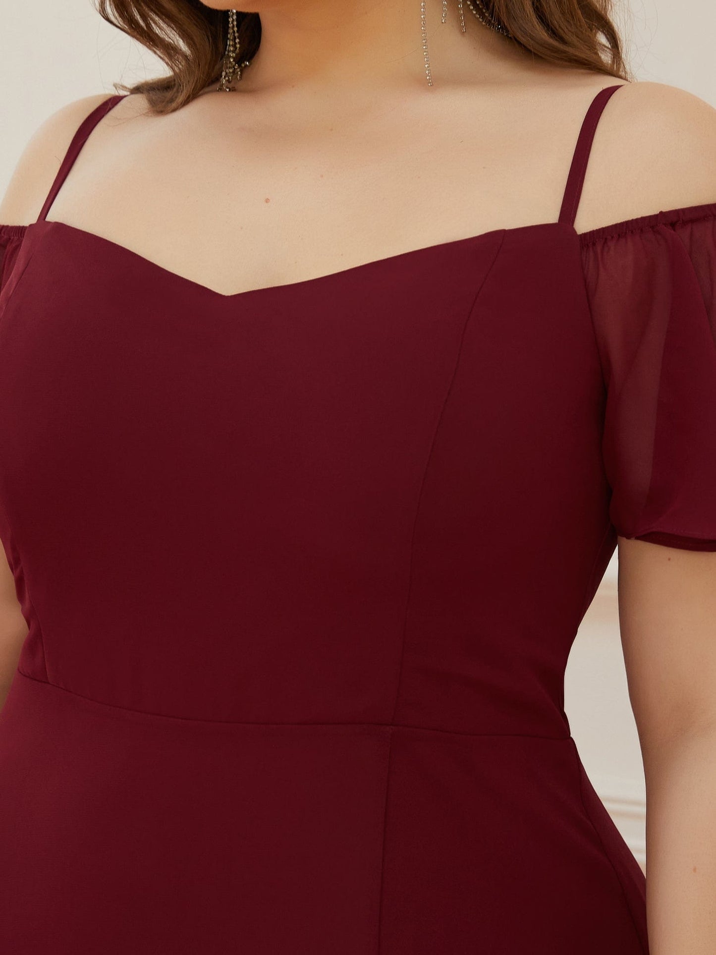 Chiffon Off-The-Shoulder Side Slit Bridesmaid Dress with sleeves #color_Burgundy 