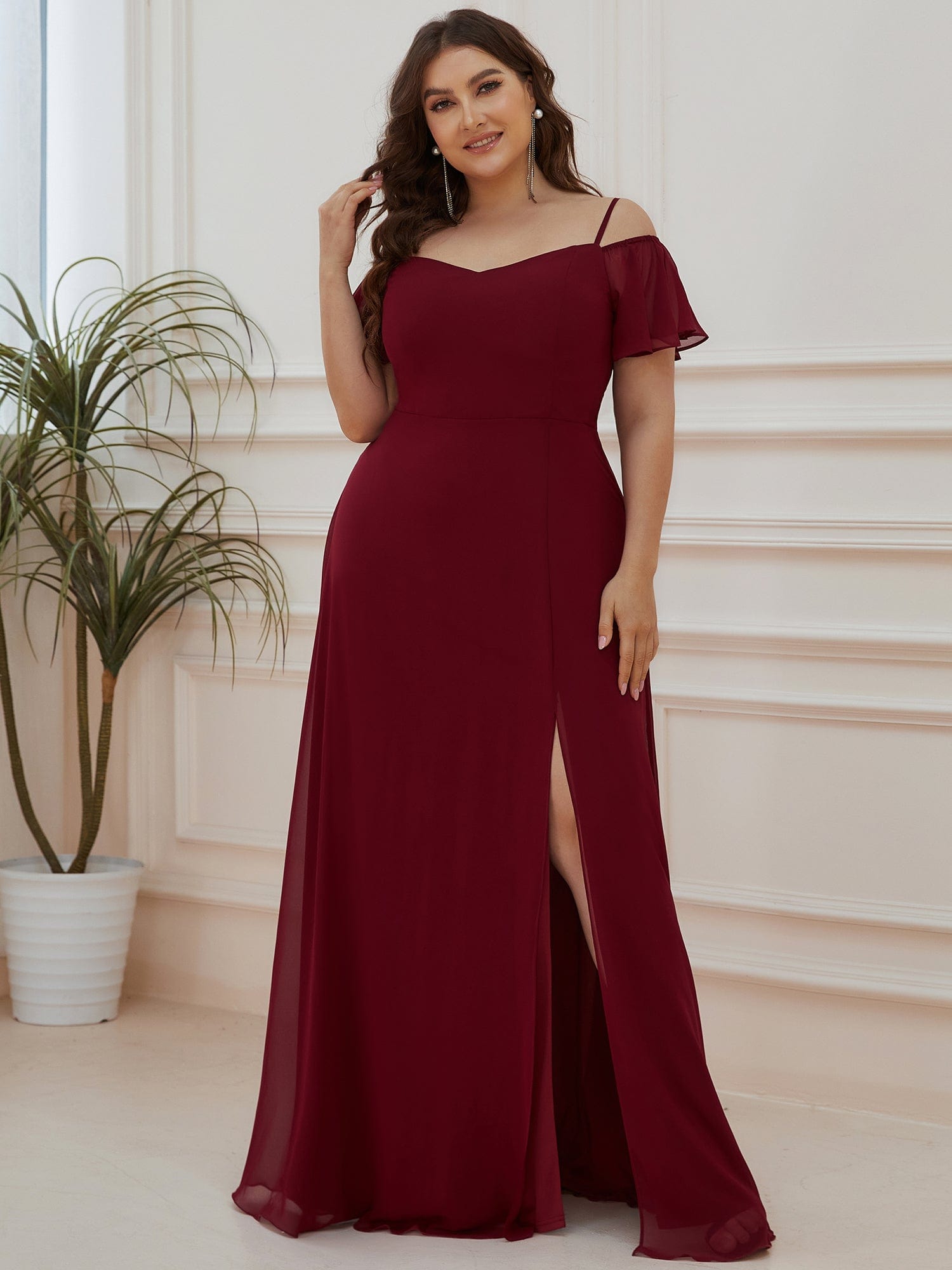 Chiffon Off-The-Shoulder Side Slit Bridesmaid Dress with sleeves #color_Burgundy 