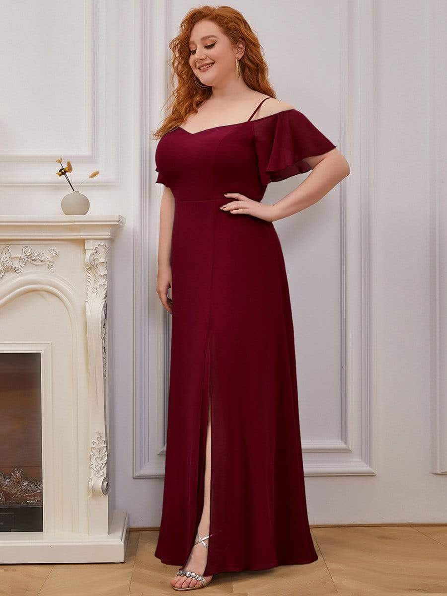 Plus Size Sexy High Slit Long Formal Evening Dresses #color_Burgundy 