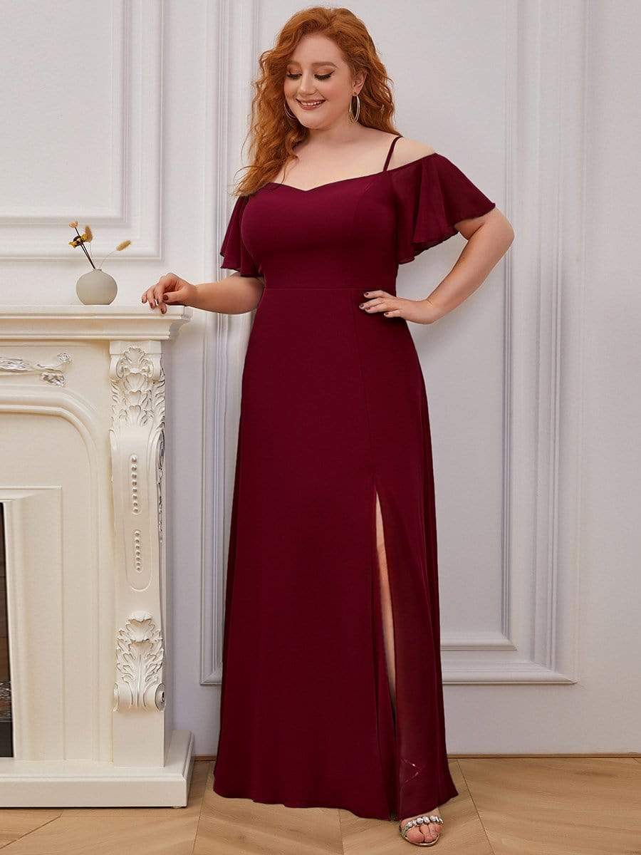 Plus Size Sexy High Slit Long Formal Evening Dresses #color_Burgundy 