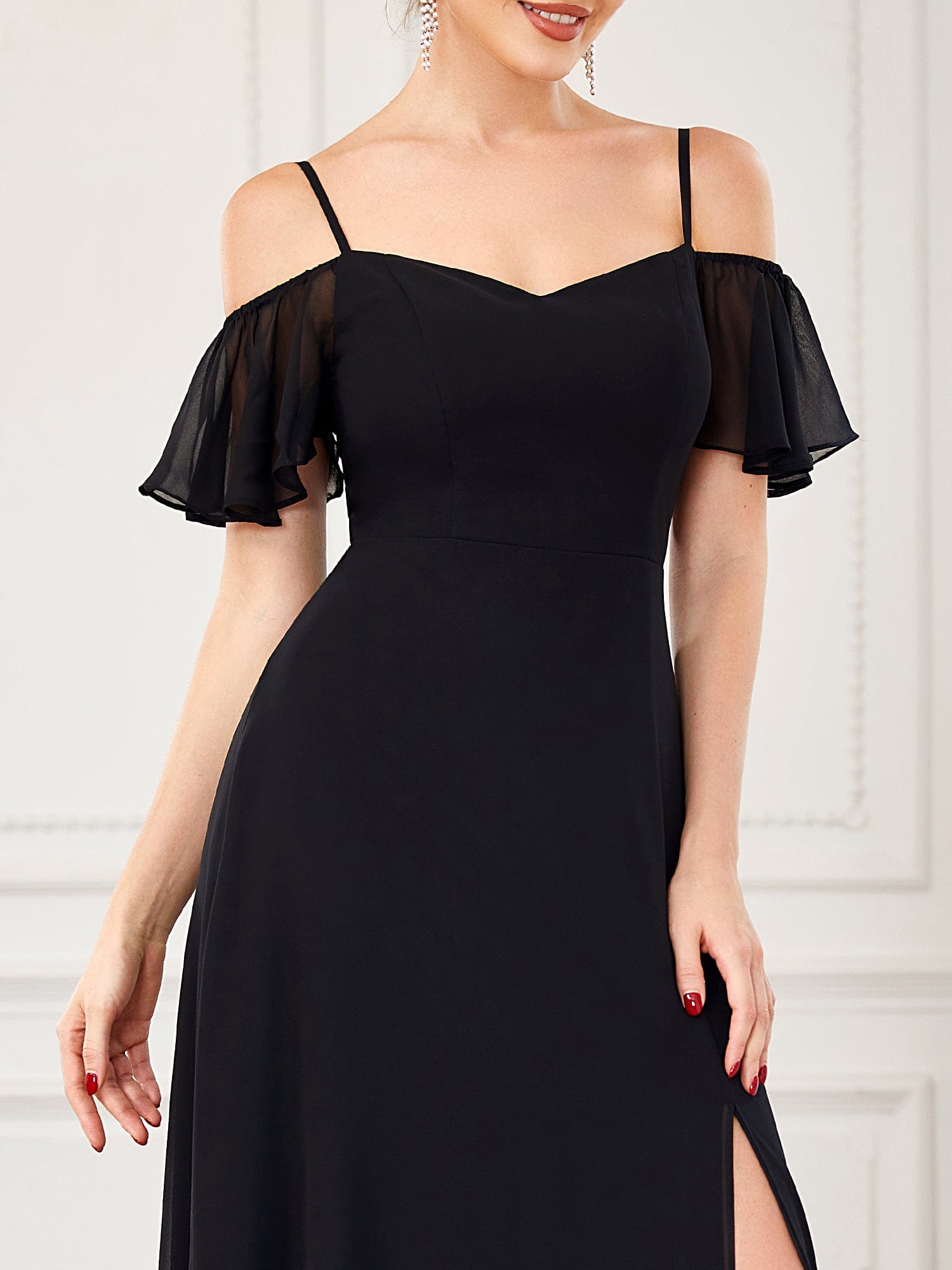 Chiffon Off-The-Shoulder Side Slit Bridesmaid Dress with sleeves #color_Black 