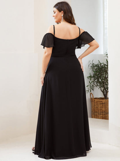 Chiffon Off-The-Shoulder Side Slit Bridesmaid Dress with sleeves #color_Black 