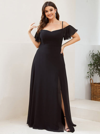 Chiffon Off-The-Shoulder Side Slit Bridesmaid Dress with sleeves #color_Black 