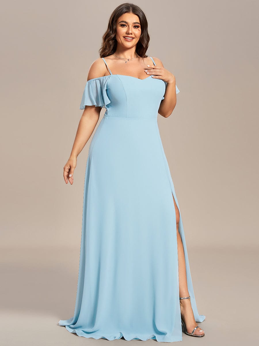 Plus Size Cold Shoulder Formal Bridesmaid Dress with Side Slit #color_Sky Blue