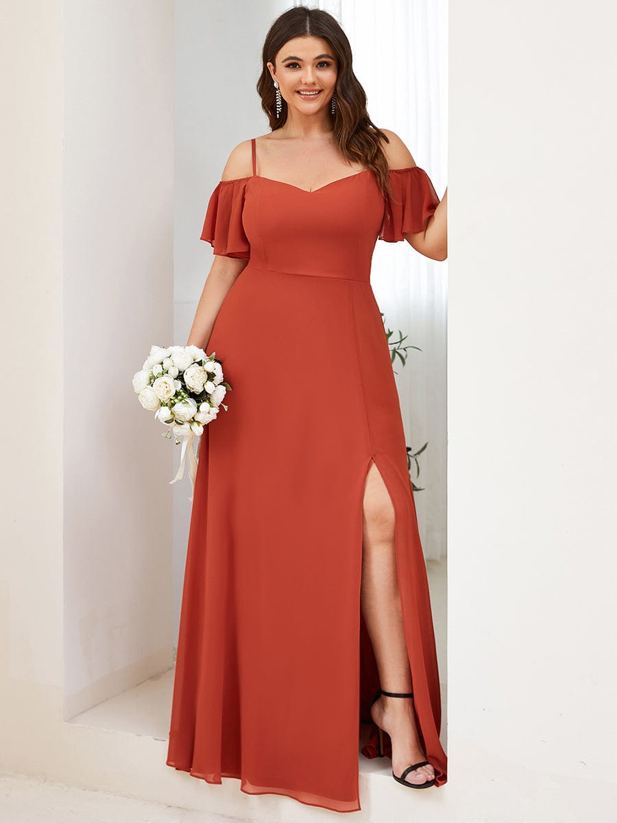 Stylish Cold Shoulder Flare Sleeves Flowy Bridesmaid Dress #color_Burnt Orange 