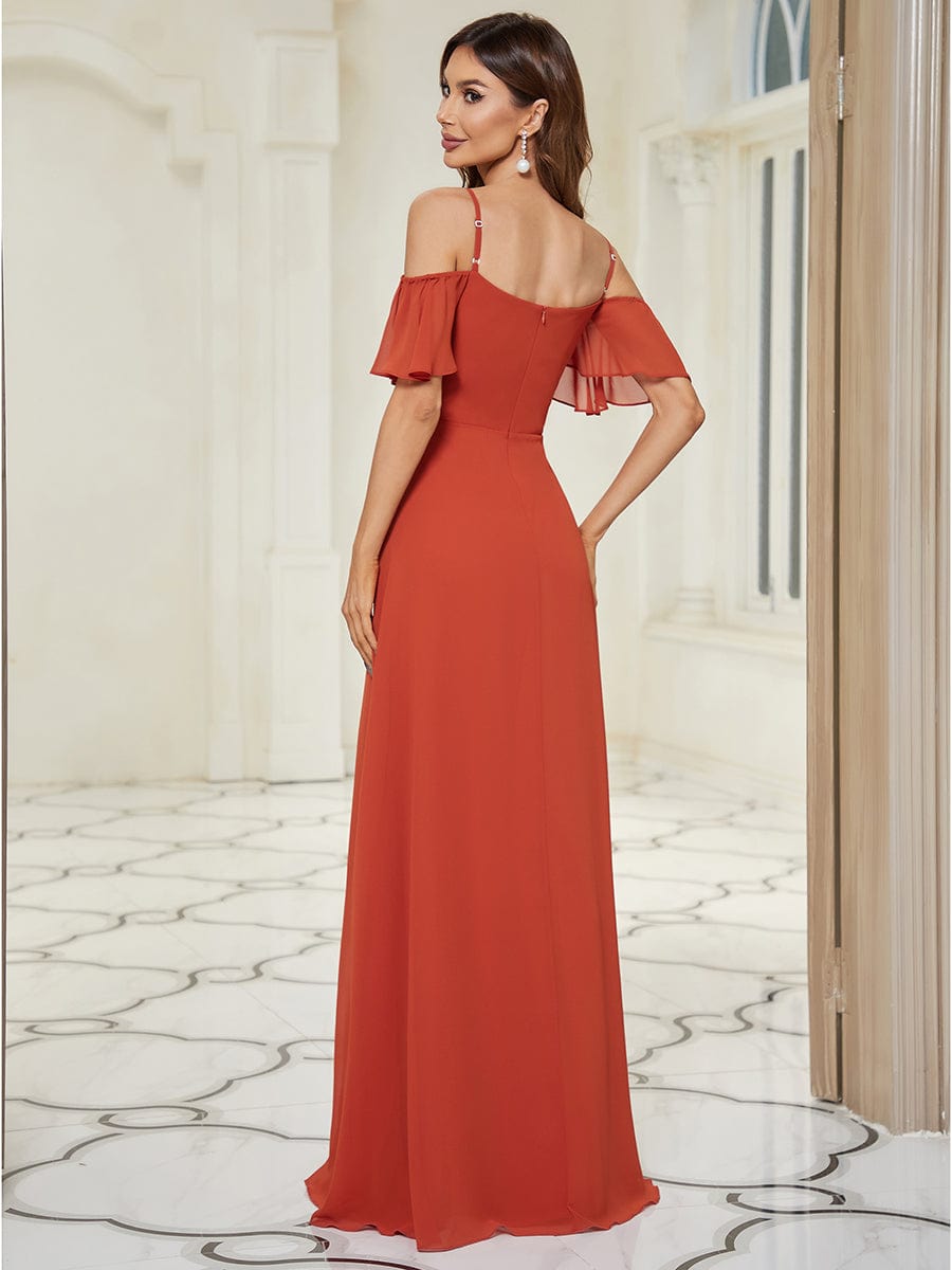 Stylish Cold Shoulder Flare Sleeves Flowy Bridesmaid Dress #color_Burnt Orange 