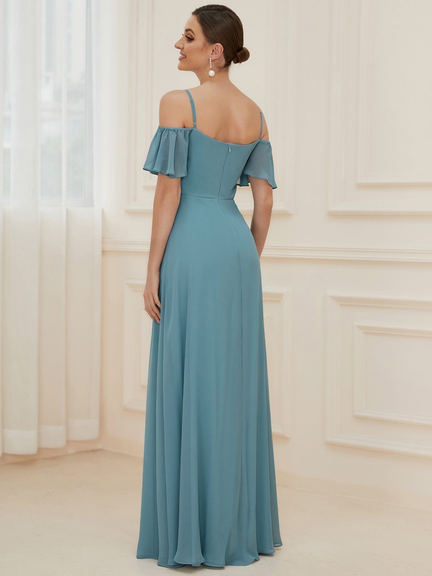 Chiffon Off-The-Shoulder Side Slit Bridesmaid Dress with sleeves #color_Dusty Blue 