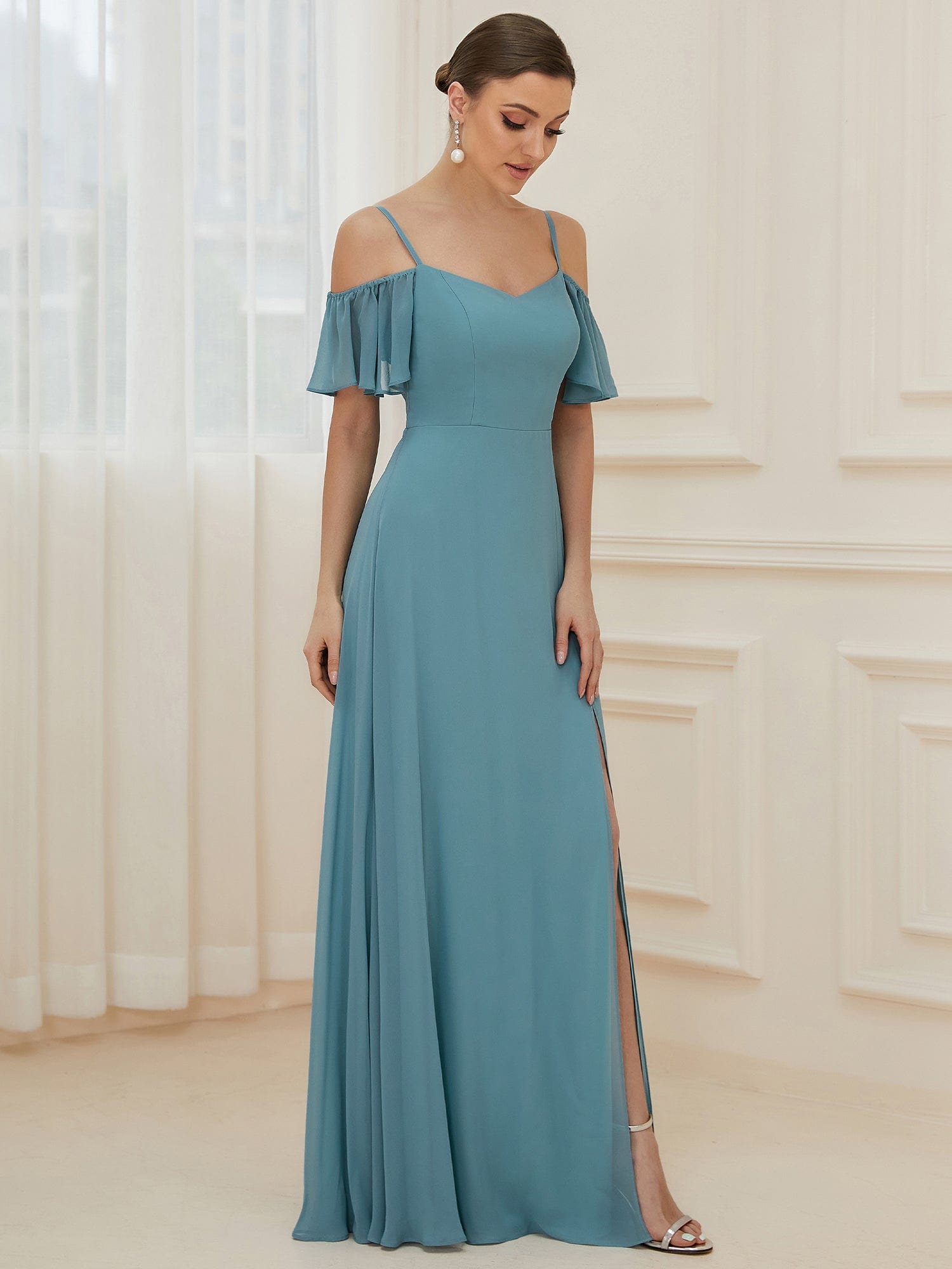 Chiffon Off-The-Shoulder Side Slit Bridesmaid Dress with sleeves #color_Dusty Blue 