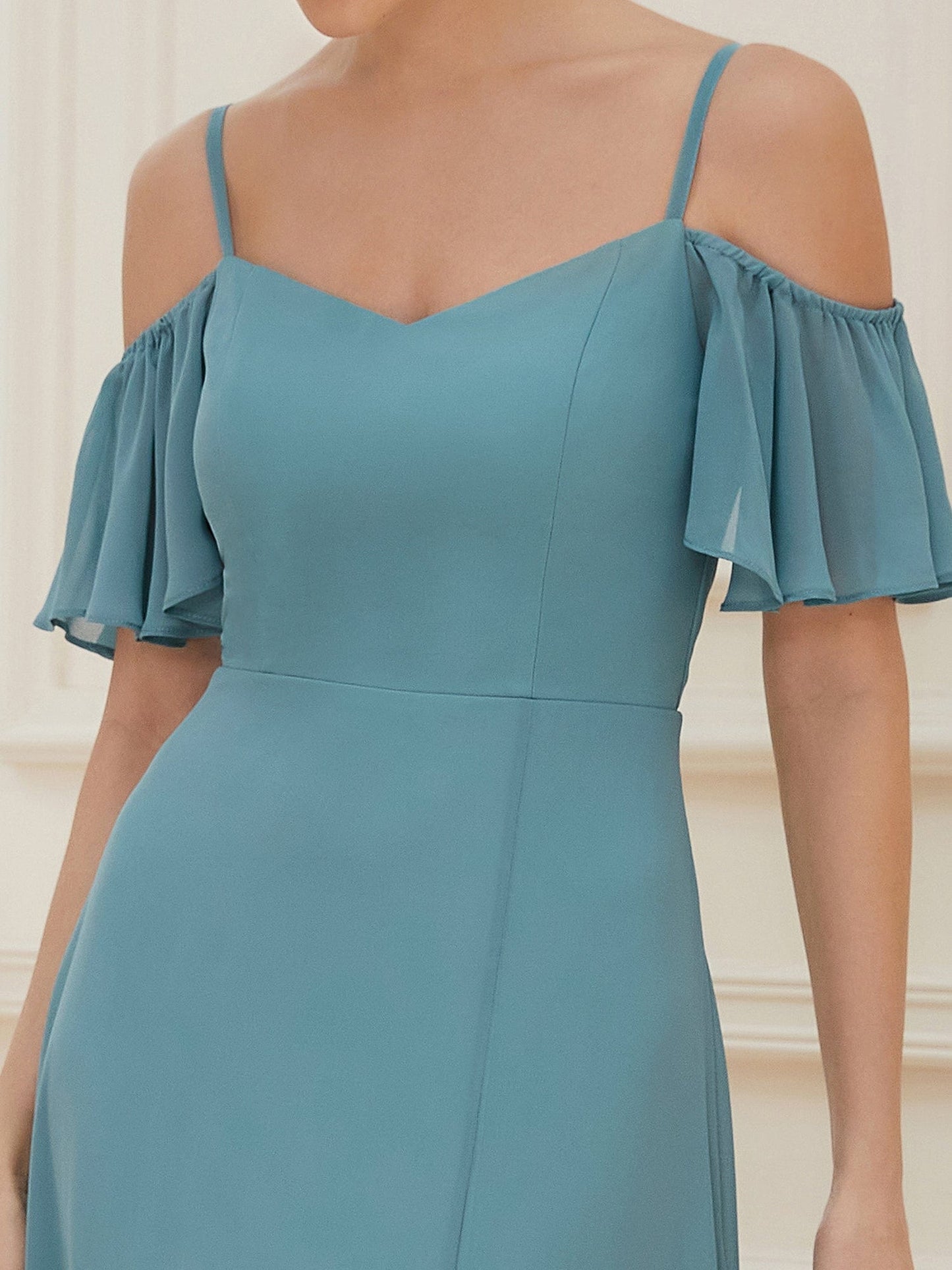 Chiffon Off-The-Shoulder Side Slit Bridesmaid Dress with sleeves #color_Dusty Blue 