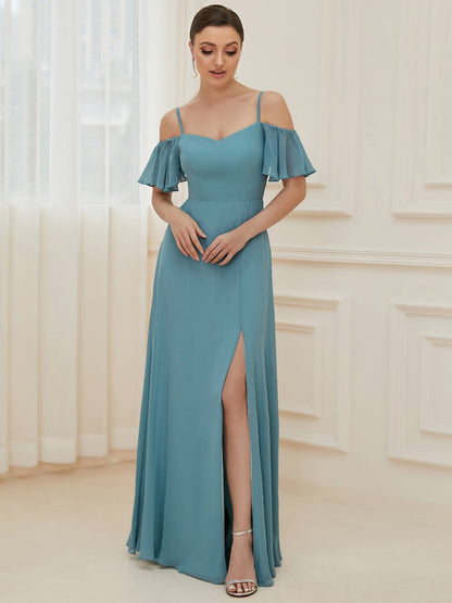 Chiffon Off-The-Shoulder Side Slit Bridesmaid Dress with sleeves #color_Dusty Blue 