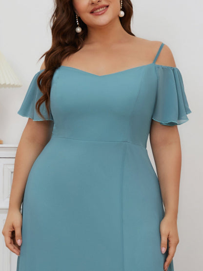 Chiffon Off-The-Shoulder Side Slit Bridesmaid Dress with sleeves #color_Dusty Blue 