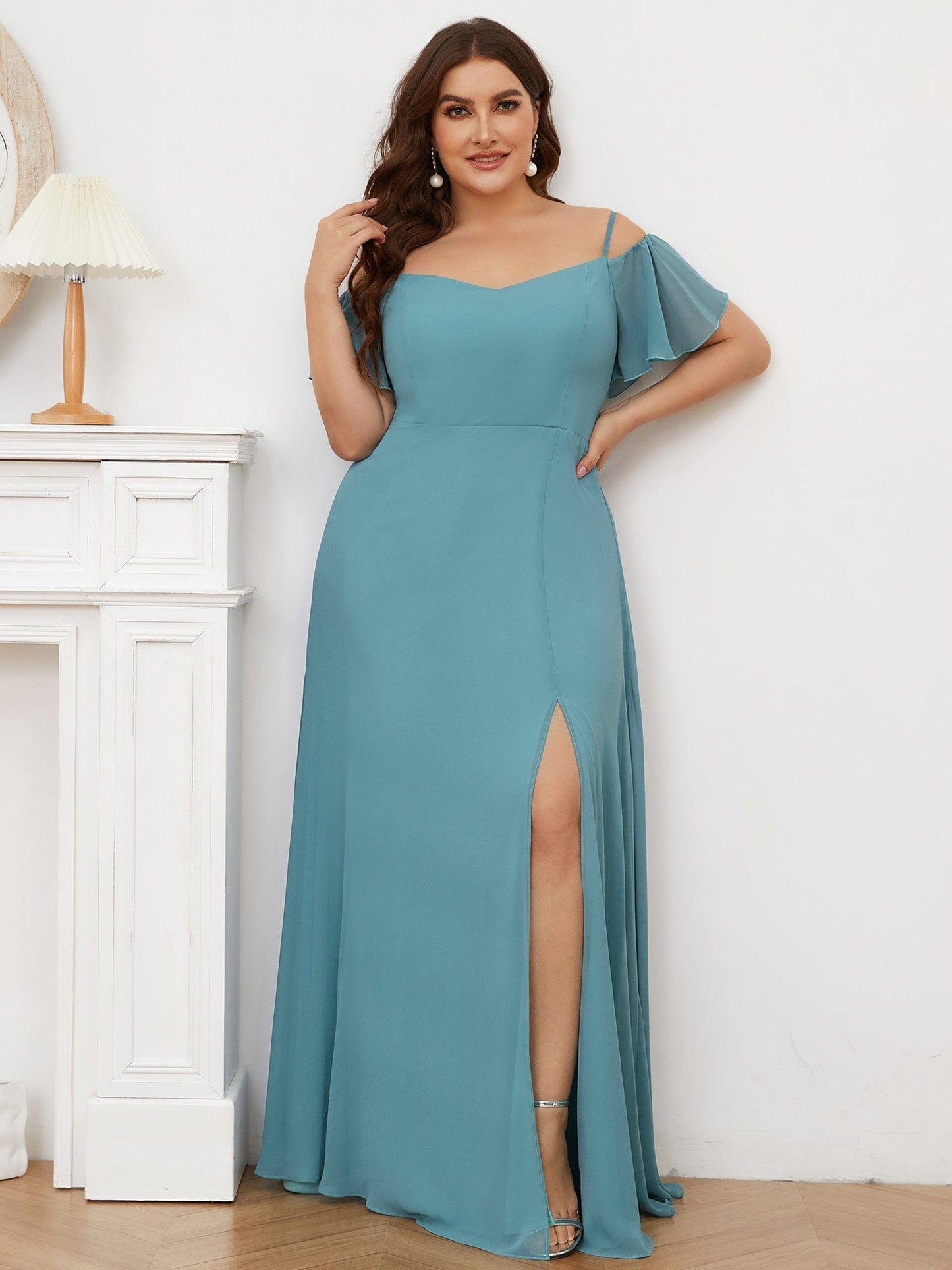 Chiffon Off-The-Shoulder Side Slit Bridesmaid Dress with sleeves #color_Dusty Blue 