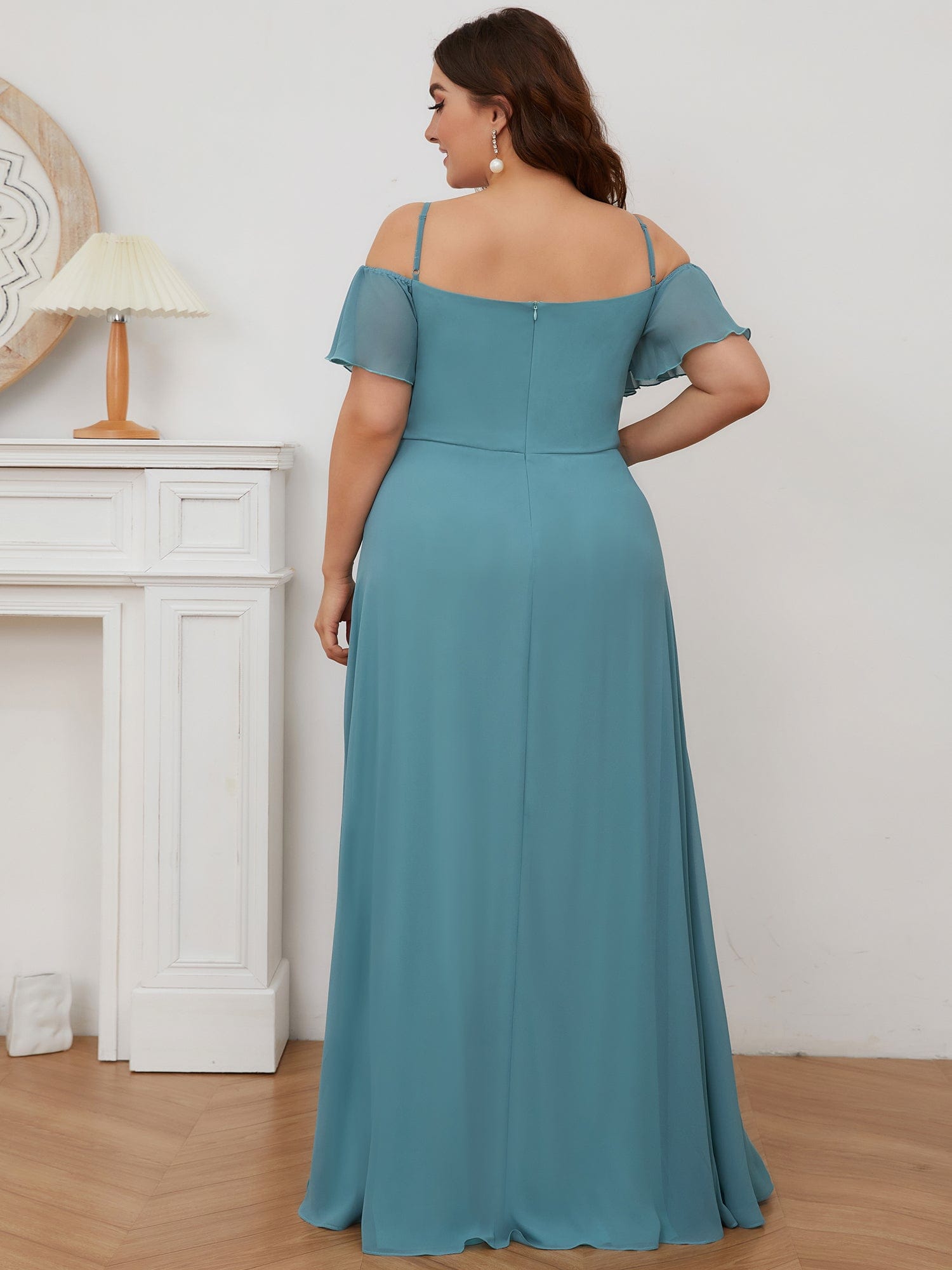 Chiffon Off-The-Shoulder Side Slit Bridesmaid Dress with sleeves #color_Dusty Blue 