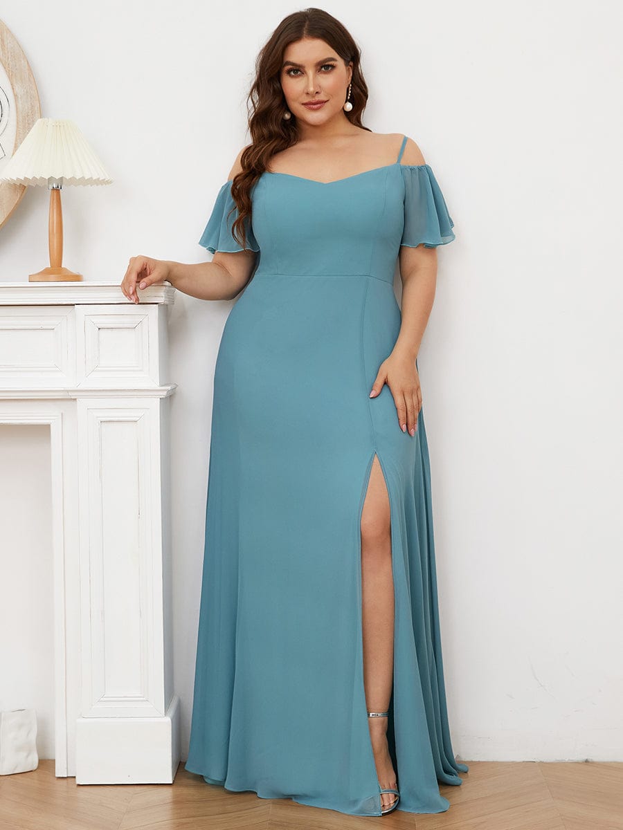 Plus Size Sexy High Slit Long Formal Evening Dresses #color_Dusty Blue 