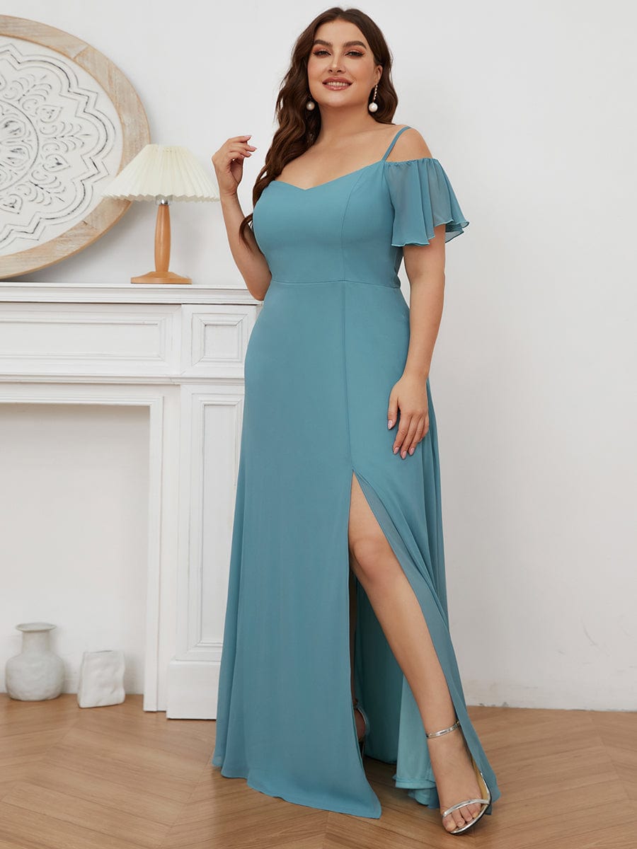 Plus Size Sexy High Slit Long Formal Evening Dresses #color_Dusty Blue 