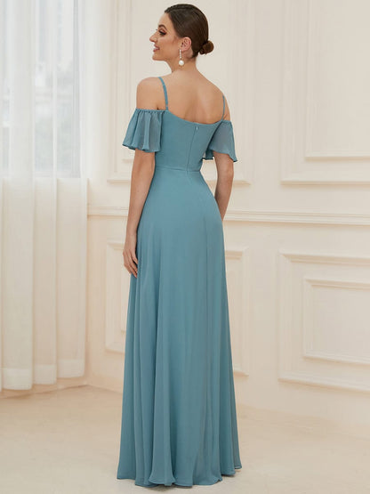 Stylish Cold Shoulder Flare Sleeves Flowy Bridesmaid Dress #color_Dusty Blue