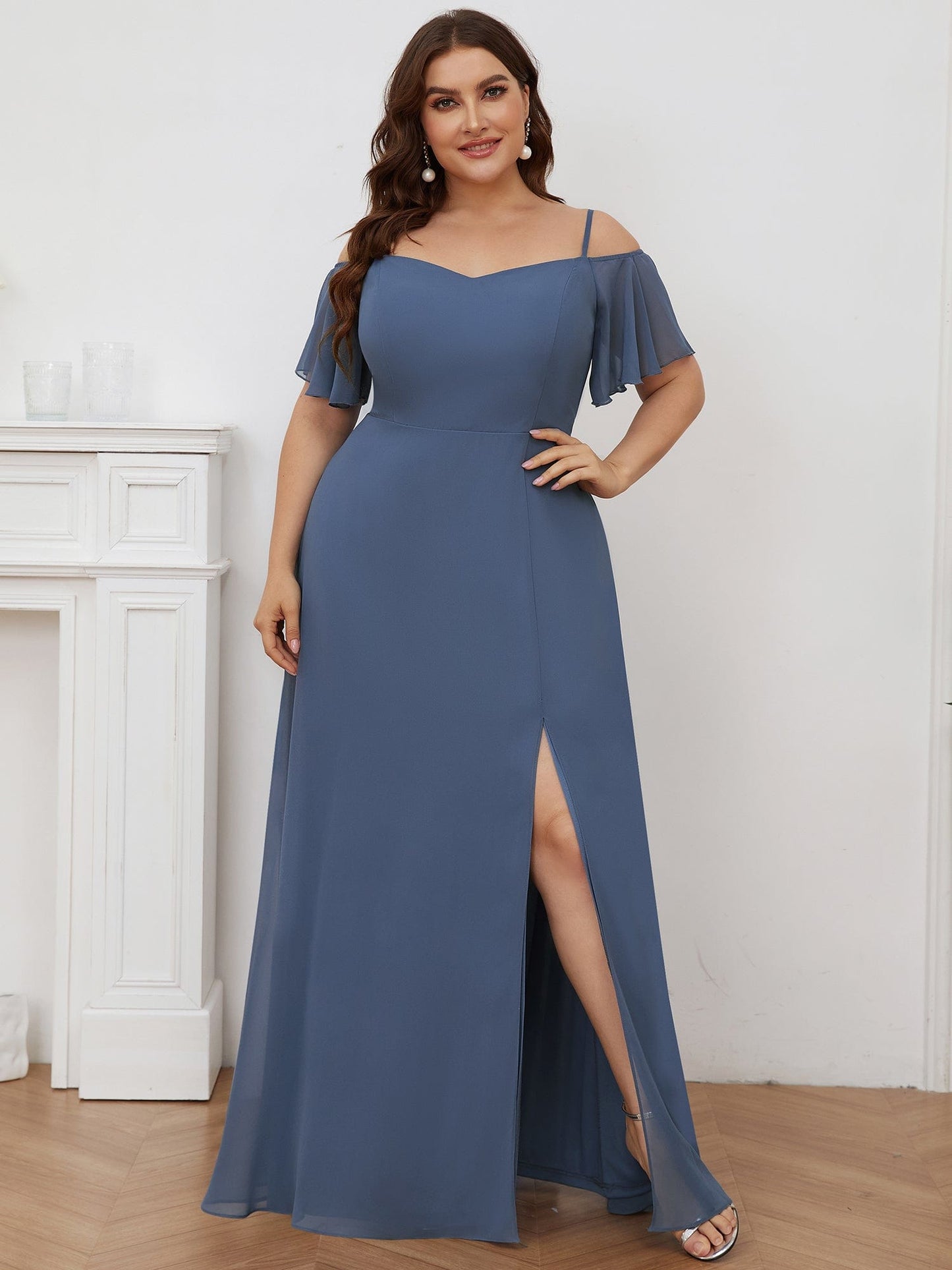 Chiffon Off-The-Shoulder Side Slit Bridesmaid Dress with sleeves #color_Dusty Navy 