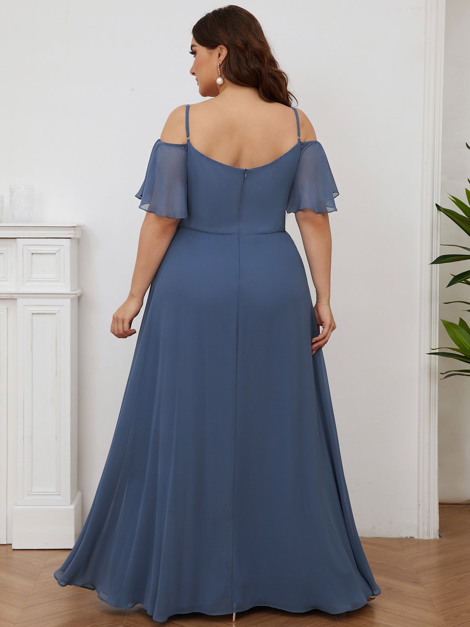 Chiffon Off-The-Shoulder Side Slit Bridesmaid Dress with sleeves #color_Dusty Navy 