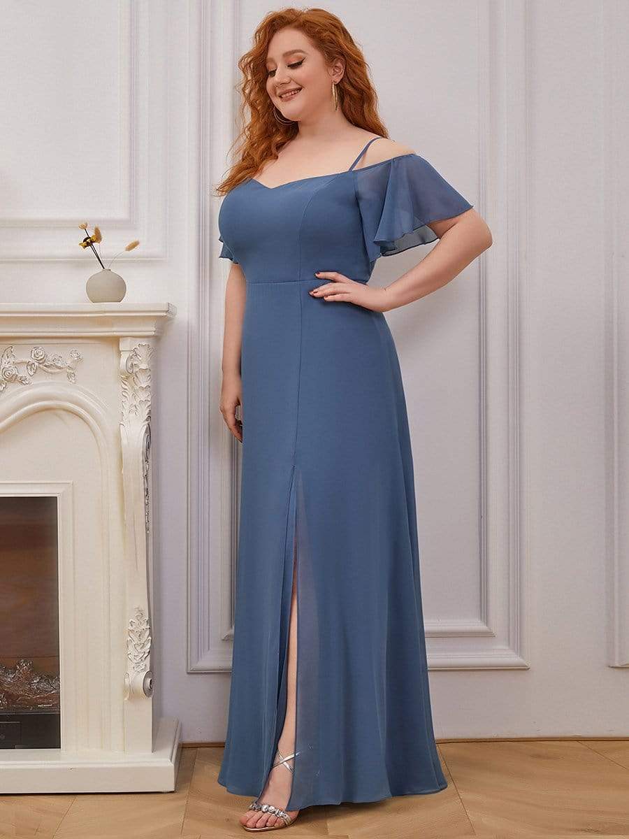 Plus Size Sexy High Slit Long Formal Evening Dresses #color_Dusty Navy 