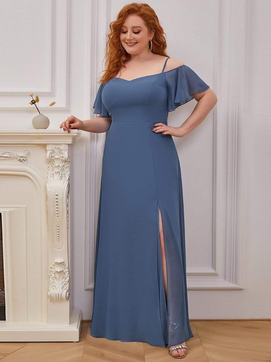 Plus Size Sexy High Slit Long Formal Evening Dresses #color_Dusty Navy 