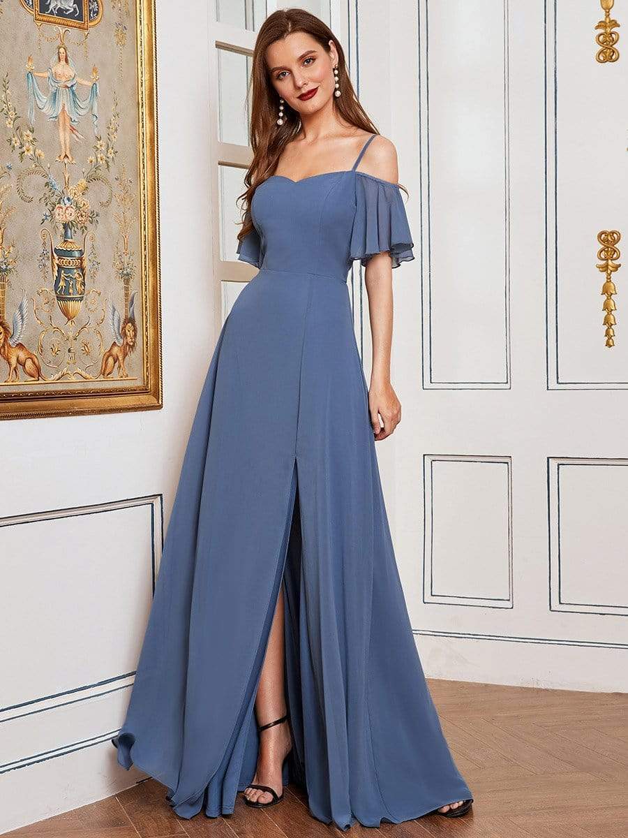 Stylish Cold Shoulder Flare Sleeves Flowy Bridesmaid Dress #color_Dusty Navy 