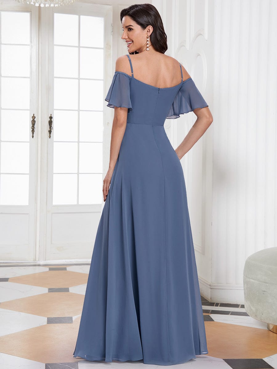 Chiffon Off-The-Shoulder Side Slit Bridesmaid Dress with sleeves #color_Dusty Navy 