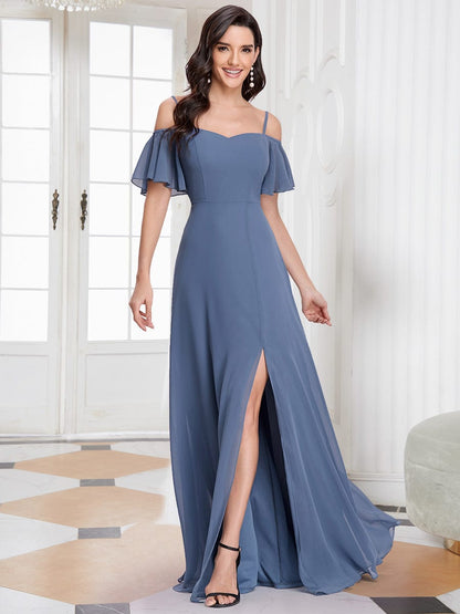 Chiffon Off-The-Shoulder Side Slit Bridesmaid Dress with sleeves #color_Dusty Navy 