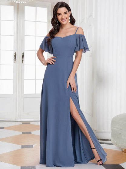 Chiffon Off-The-Shoulder Side Slit Bridesmaid Dress with sleeves #color_Dusty Navy 