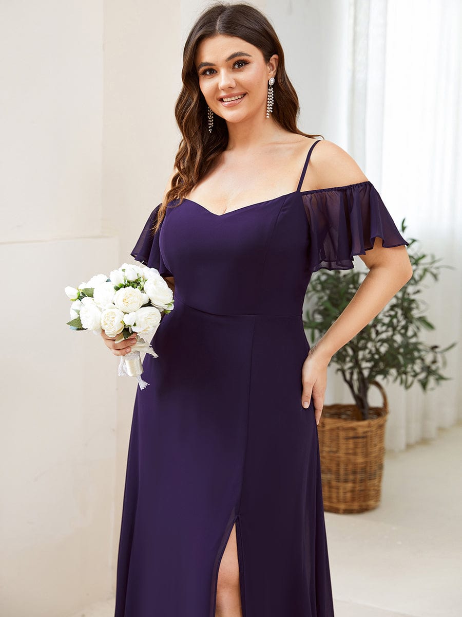 Plus Size Cold Shoulder Formal Bridesmaid Dress with Side Slit #color_Dark Purple