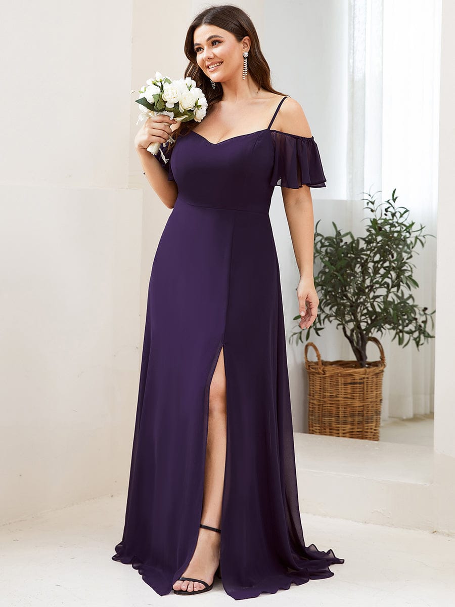 Plus Size Cold Shoulder Formal Bridesmaid Dress with Side Slit #color_Dark Purple