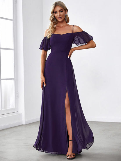 Stylish Cold Shoulder Flare Sleeves Flowy Bridesmaid Dress #color_Dark Purple