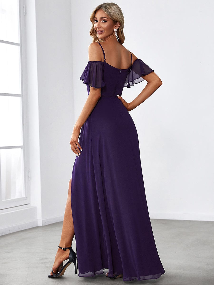 Stylish Cold Shoulder Flare Sleeves Flowy Bridesmaid Dress #color_Dark Purple