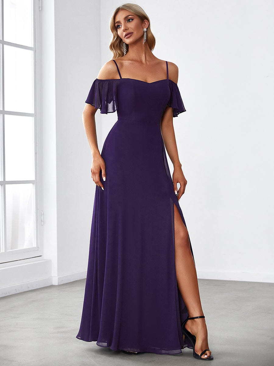 Stylish Cold Shoulder Flare Sleeves Flowy Bridesmaid Dress #color_Dark Purple