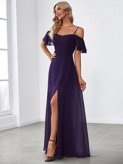 Stylish Cold Shoulder Flare Sleeves Flowy Bridesmaid Dress #color_Dark Purple