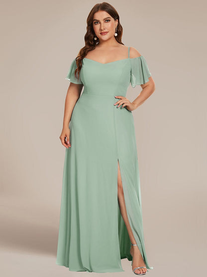 Plus Size Cold Shoulder Formal Bridesmaid Dress with Side Slit #color_Mint Green