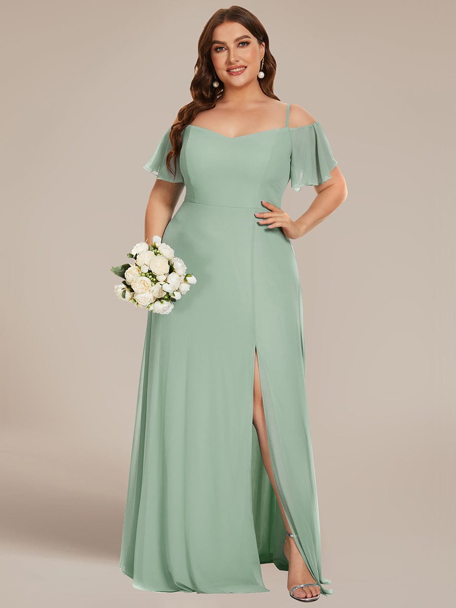 Plus Size Cold Shoulder Formal Bridesmaid Dress with Side Slit #color_Mint Green