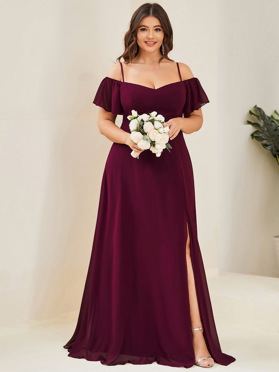 Plus Size Cold Shoulder Formal Bridesmaid Dress with Side Slit #color_Mulberry